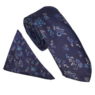 Navy/Blue Wide Text Floral Wedding Tie & Pocket Square Set
