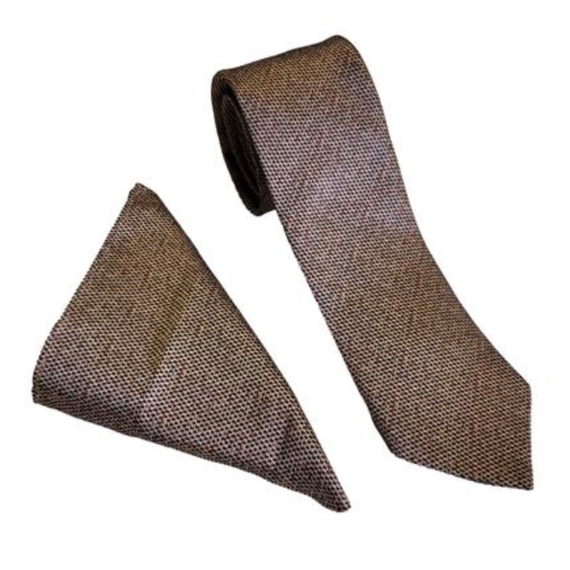 Brown Linen Look Wedding Tie & Pocket Square Set